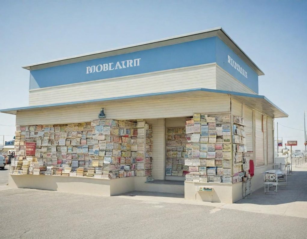 Tienda de postales con fachada colorida y paredes cubiertas de carteles.