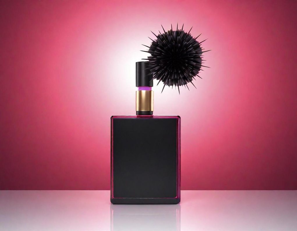 Frasco de perfume negro con tapa esférica espinosa sobre fondo rosa.