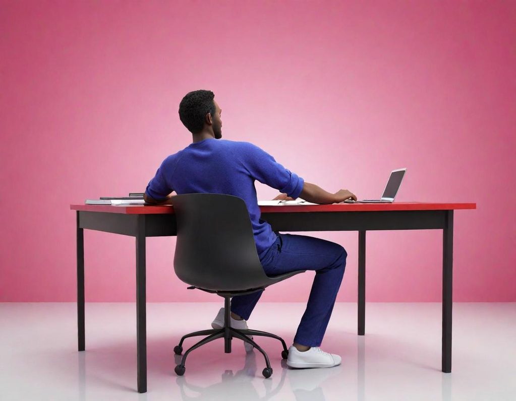 Hombre de espaldas sentado en un escritorio negro con fondo rosa.