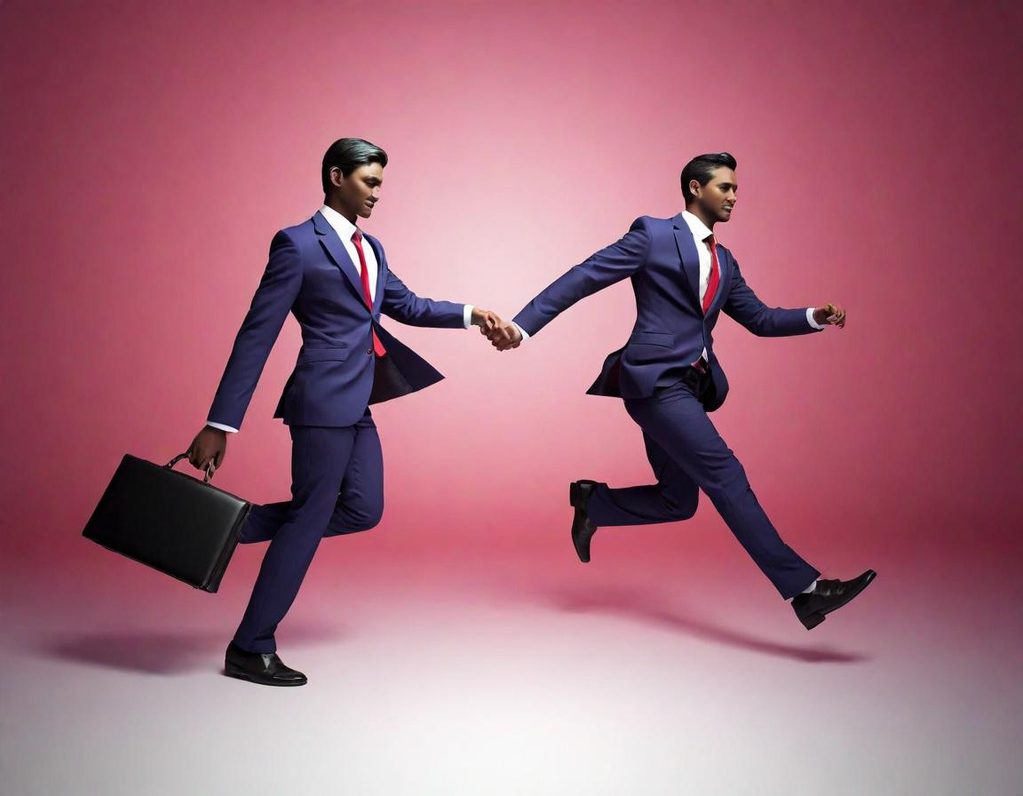 Dos hombres de negocios corriendo, uno lleva un maletín, fondo rosa.