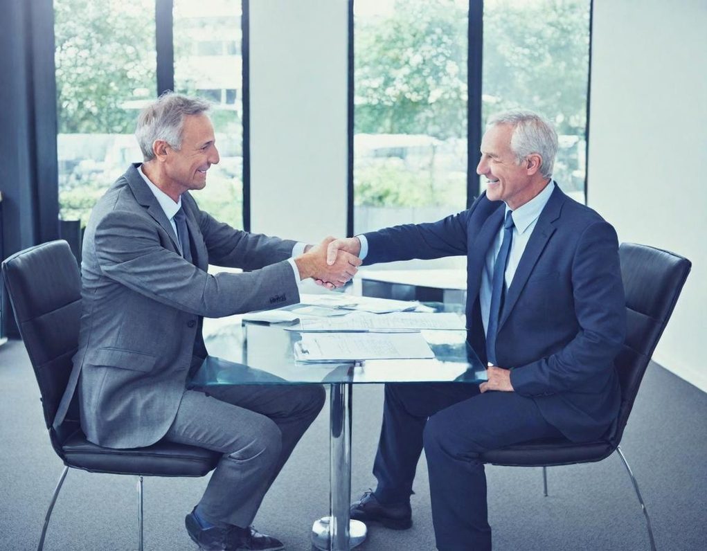 Dos hombres de negocios se estrechan las manos en una oficina moderna.