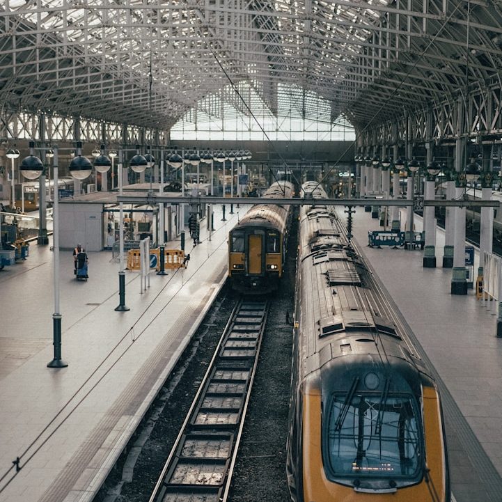 Estación de tren con dos trenes en las vías y arquitectura moderna en el techo.